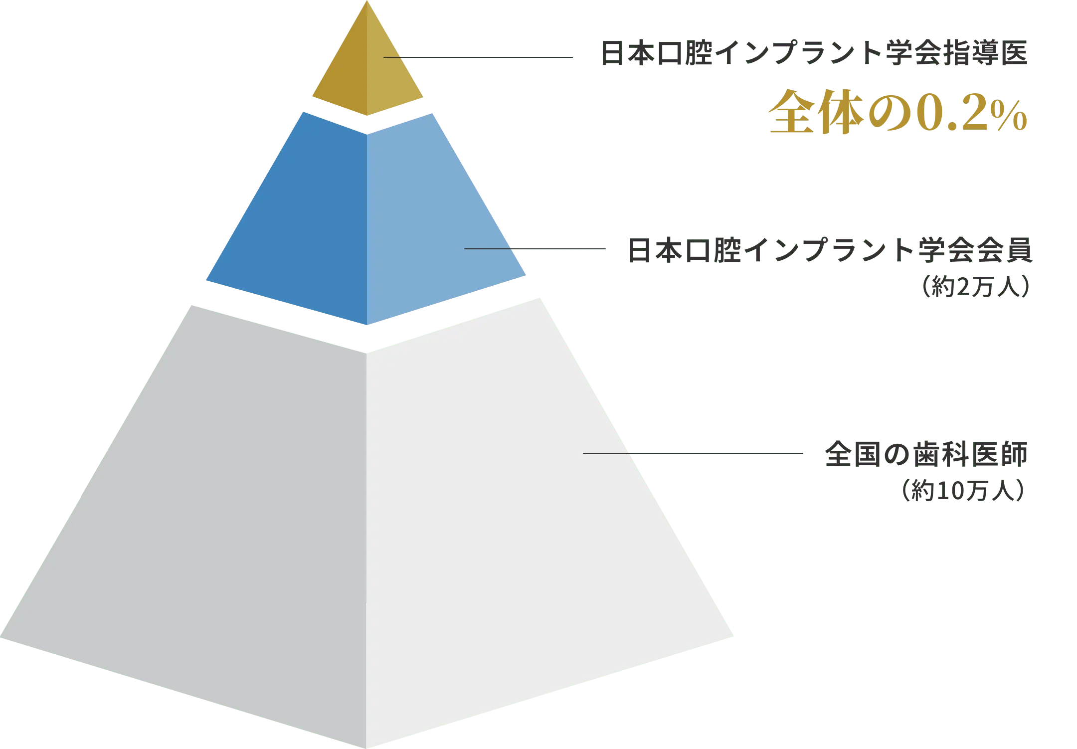 ピラミッド型の図解。全国の歯科医師10万人の中、日本口腔インプラント学会の会員が約2万人、その中でも指導医は200名程度で全体の0.2%にとどまる